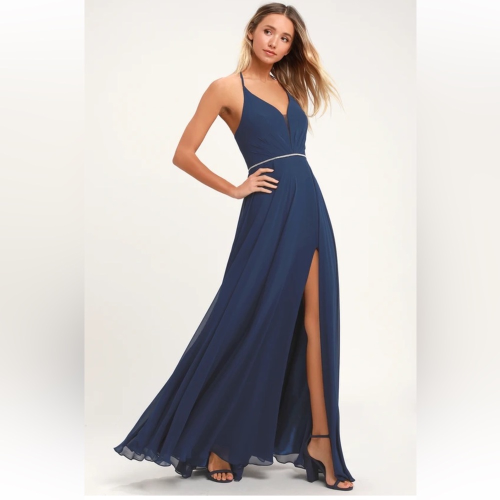 Navy blue a-line maxi dress — prom, wedding guest, formal floor-length